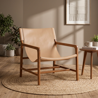 Fauteuil de jardin en teck de style mid-century modern avec revêtement en cuir beige et pieds coniques, fauteuil lounge d'extérieur de Jepara