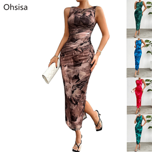 Ohsisa Factory Wholesale Colorful <strong>Print</strong> Women Summer Casual <strong>Dress</strong> Sleeveless Elegant Slit Slim <strong>Bodycon</strong> <strong>Dress</strong> - Product Image 3
