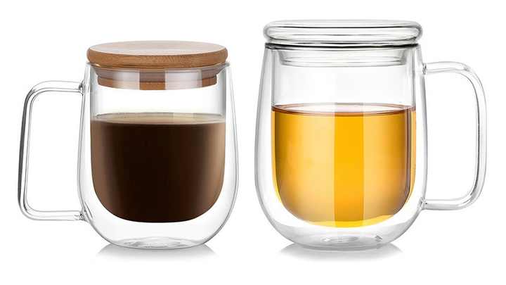 Hot Sale 250ML 350ML Big Mug Elegant Design Thermal Insulated Double Wall  Glass Espresso Coffee Mug With Handle Glass Bamboo Lid