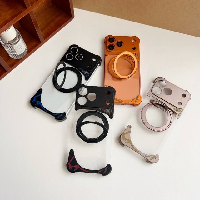 For iPhone 17 16 15 14 Pro Max Metal Magnetic Cellphone Stand Camera Protect Transparent Mobile Phone Case