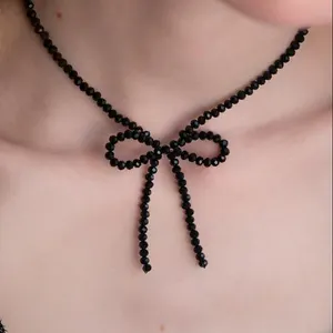 Black Necklace Bow Jewelry Wholesale Crystal Beaded Necklace Women Girls Fashion Black Ribbon Bow Necklace