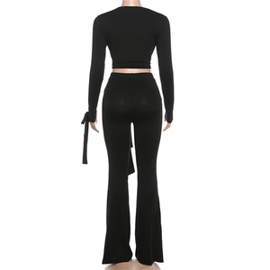 女性用パッチワーク長袖ホロートップ+フレアパンツセクシーイレギュラーノット2ピースセット - Product Image 5