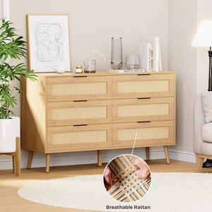 Commode de rangement minimaliste en rotin et MDF à 6 tiroirs, écologique, durable et moderne, pour chambre à coucher, salon, entrée et hôtel - Product Image 2
