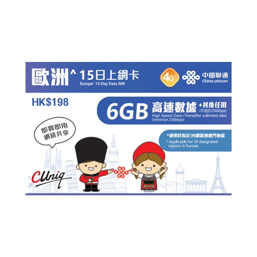 Hot Selling New China Unicom Europe 15 Days 6GB Prepaid Data SIM Card For Telephone