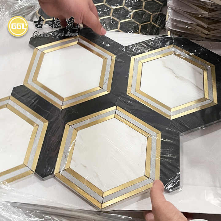 New Waterjet White and Black Marble Mosaic Inlay Gold Brass Wall Tile