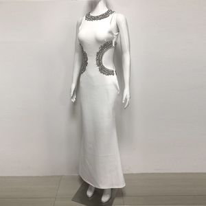 Abito <span class=keywords><strong>da</strong></span> Sera Elegante <span class=keywords><strong>Bianco</strong></span> Senza Maniche con Strass e Taglio in Vita per Donna, Vestito Lungo di Lusso per Matrimoni, Banchetti e Feste - Product Image 3