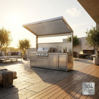 Système de cuisine extérieure modulaire moderne et durable en acier inoxydable avec couvercle motorisé en pierre frittée intégré pour usage hôtelier