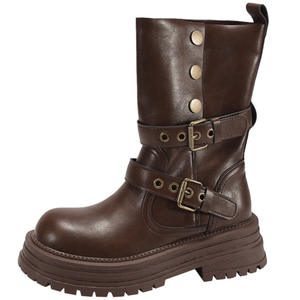 Botas de Media Pantorrilla con Plataforma y Tacón Grueso Estilo Británico Retro Marrón para Mujer, Primavera-Otoño 2026 - Product Image 5