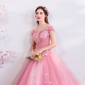 Pink Off Shoulder Ball Gown Wedding Dress Sweetheart Neckline Empire Waist Tulle Fabric For Bridal Events - Product Image 2