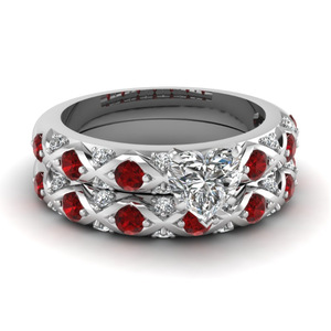 Anillo de Compromiso y Anillo de Bodas de Circonita Cúbica Prismática Rubí para Parejas - Product Image 6
