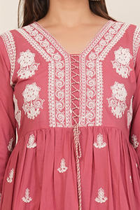 Ensemble Kurta en coton brodé pour femme avec pantalon et dupatta – Costume ethnique indien Salwar Kameez – Tenue de fête rose - Product Image 6