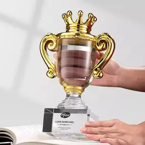 Großhandel individueller eleganter Entwurf Kristall Trophy Awards einfarbiges Glas Souvenir-Platte Handwerk Trophy mit Metallgriffen und Sockel