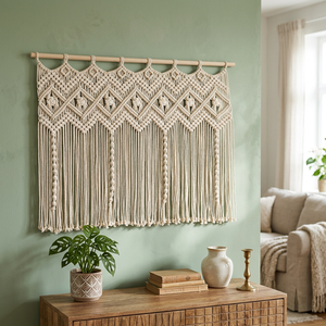 Crocheted Handmade Modern Rectangle Wall Hanging Tapestry Beaded Fringe Decorative Cushion Cover Cotton Linen Style Floral - Product Image 2