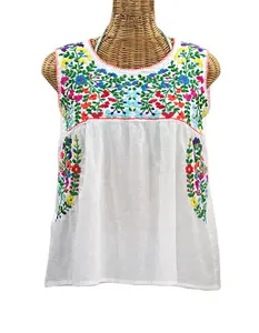 White fabric with colorful embroidery woman tops fashionable O-neck sleeveless blouse STC116 2023 2023