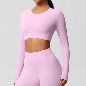 Top Yoga a Maniche Lunghe Crop Solido in Spandex/Nylon Spazzolato su Entrambi i Lati, Vestibilità Slim Traspirante <span class=keywords><strong>per</strong></span> Corsa e <span class=keywords><strong>Fitness</strong></span> - Product Image 2