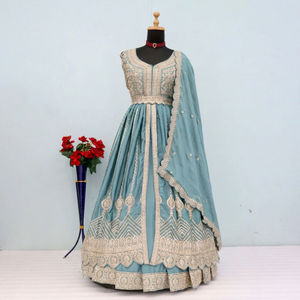 Conjunto de Lehenga Anarkali Azul Bordado, Vestido de Boda Pakistaní Indio con Dupatta, Sin Mangas, Ropa Formal Festiva - Product Image 1