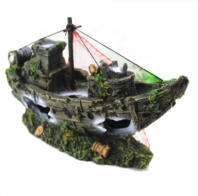 Suministros de decoración de tanque de peces en forma de barco pirata, cueva de buque de guerra de imitación, al por mayor