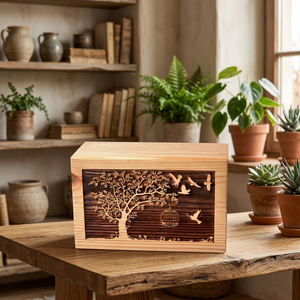 Urne funéraire rectangulaire en bois faite à la main avec motif d'arbre et d'oiseaux pour commémorer les oiseaux - Product Image 3