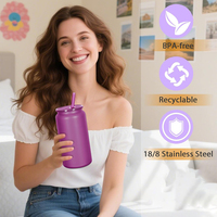 Mug en acier inoxydable 304 brillant de 16 oz, tasse à sublimation, canettes, gobelet isotherme à double paroi avec couvercle en plastique coloré et paille