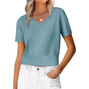 FOXA Suéter corto de manga corta con cuello en V para mujer, top de punto suave y ligero para uso informal de primavera y verano - Product Image 1