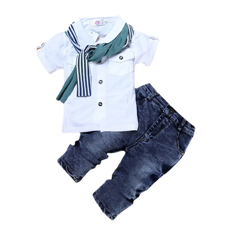 Костюм, дизайнерская одежда для маленьких мальчиков, Повседневная футболка + шарф + джинсы, 3 шт., одежда для маленьких мальчиков, комплект летней одежды для малышей