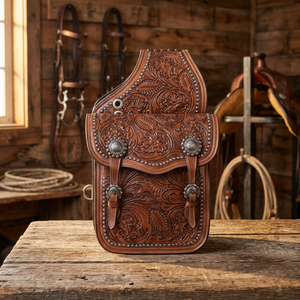 Sac de selle de cheval Western marron en cuir pleine fleur léger fait main, respirant et absorbant la transpiration, avec conchos argentés et motifs floraux gravés - Product Image 3