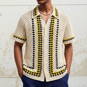 <span class=keywords><strong>Cardigan</strong></span> da Uomo Americano Casual Lavorato a Maglia con Colletto Rovesciato Personalizzato a Righe Traforato Polo da Uomo in Maglia - Product Image 5