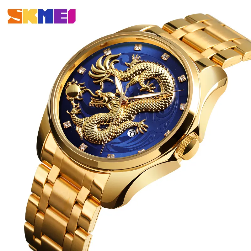 SKMEI 9193 Original Brand Luxury Watch Golden Dragon Quartz Watch Men Waterproof Date Display Stainless Steel Strap Wristwatch