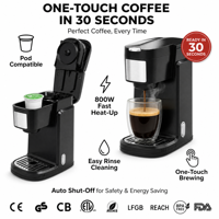 Machine à café à portion individuelle compacte pour dosettes K-Cup et café moulu, idéale pour la maison, le bureau et l'hôtel