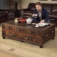 Table basse de style américain rétro, de style européen, classique du milieu du siècle, avec rangement pour cigares, pour salon, en cuir véritable vieilli