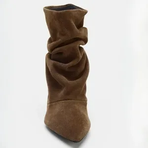 Bottines d'hiver imperméables à lacets, bout pointu, plissées, rétro, élégantes, de créateur pour femmes - Product Image 2
