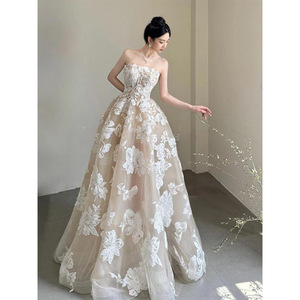 Strapless Lace Ball Gown Wedding Dress Floral Embroidered Organza Tulle Natural Waistline Bridal Reception Dress - Product Image 2