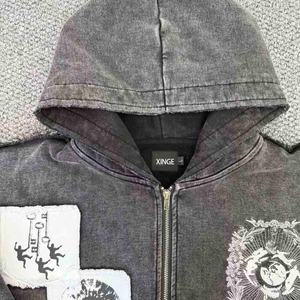 Sudadera con capucha y cremallera para hombre, estilo streetwear, personalizada, vintage, lavada, con gráfico 3D bordado, 100% algodón, corte holgado - Product Image 3