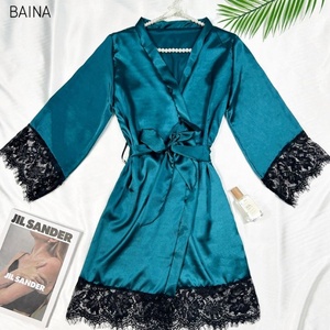 Comoda <span class=keywords><strong>camicia</strong></span> <span class=keywords><strong>da</strong></span> <span class=keywords><strong>notte</strong></span> con scollo a V <span class=keywords><strong>da</strong></span> donna in pizzo a maniche lunghe con chiusura in vita elastica pigiama Sexy per l'estate autunno primavera - Product Image 5