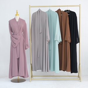 2025 Sang Trọng Dubai New Abaya Thiết Kế Mở Phía Trước Crepe Đính Cườm Áo Cho Phụ Nữ khiêm tốn 2 Mảnh Polyester Hồi Giáo Quần Áo Cho Mùa Hè - Product Image 5