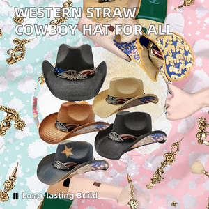 New <b>Western</b> Cowboy Cowgirl <b>Hat</b> with Wide Brim Printed Queue Essentials for Men Women Woven Straw Outback for Outdoor Adventures - Product Image 2