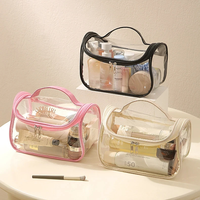 Pochette de maquillage transparente en PVC avec garniture en PU, organiseur de cosmétiques transparent imperméable avec double fermeture éclair pour les voyages et l'usage quotidien, OEM ODM