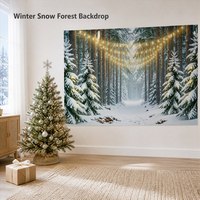 Latar Belakang Hutan Salju Musim Dingin Kustom 100D Poliester Lampu Tali Pohon Pinus Latar Belakang Foto 180x115cm OEM Grosir Dekorasi CN HEB