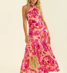 OEM विदेशी लगाम neckline के मध्य-लंबाई स्कर्ट महिला लेडी सुरुचिपूर्ण कपड़े फूल कस्टम मुद्रित लंबे कपड़े