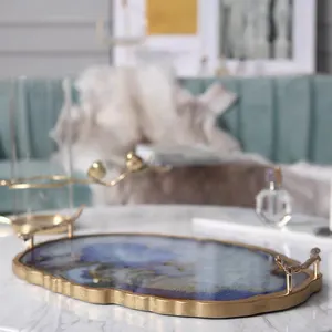 TOP1 Amazing And Luxury Gold Luxury Trays High Quality Blue Agate Glass UV Print Decorative Serving Tray Custom