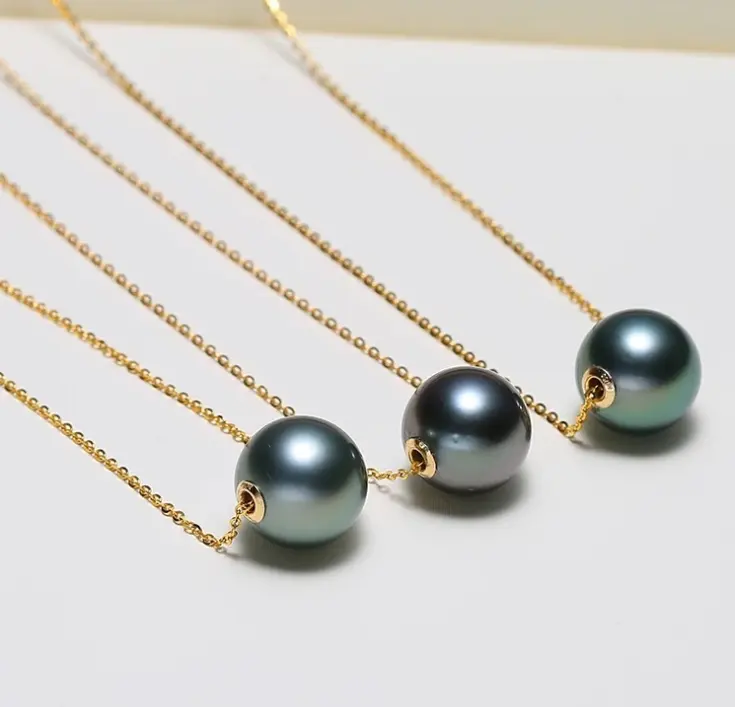 9-11mm AAAA real genuine black seawater Tahiti Tahitian pearl necklace wholesale with in 18K real gold