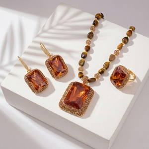 JOYE - Juego de Joyas de Cristal Ámbar Vintage al por Mayor, Juego de Collar, Pendientes y Anillo de 3 Piezas para Mujer, Accesorios Retro - Product Image 2