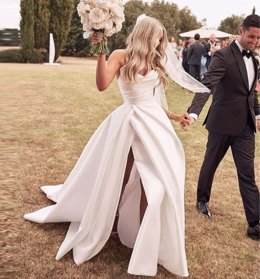 Vantexi Robe De Mariée Satin Sans Bretelles A-Ligne Broderie - Élégante Et Longue