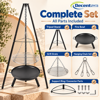 Barbecue portable de camping avec trépied, grille suspendue en fil métallique, foyer noir, hauteur réglable