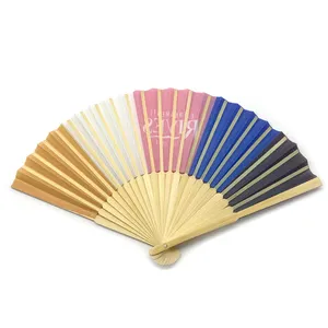 Asia Promotional Custom Printed Logo Polyester Fabric Hand Fan Cheap Price Folded Webbing Paper Bamboo Hand Fan