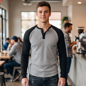 T-shirt Henley a Maniche Lunghe da Uomo con Logo Personalizzato, Premium, Raglan, Color Block, in Maglia Waffle, Vestibilità Slim, Top Sportivo per Pendolari, Vendita all'Ingrosso - Product Image 3