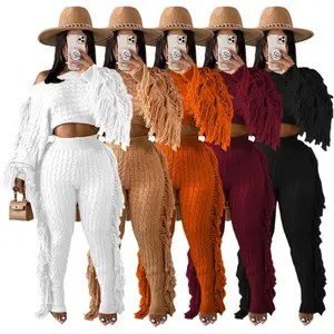 Mode automne hiver décontracté couleur unie tricot pull gland col diagonal conception femmes haut court 2 pièces pantalon ensemble