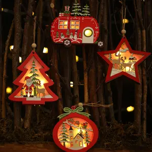 发光二极管圣诞树明星汽车木制吊坠摆件圣诞DIY木制工艺品儿童家居圣诞派对装饰品礼品