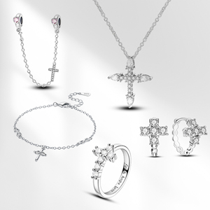 MULA Jewelry Set-Classique Argent 925 Croix Charms Perles Anneaux Boucles d'oreilles Collier Bracelet pour Cérémonies Religieuses en Argent - Product Image 1