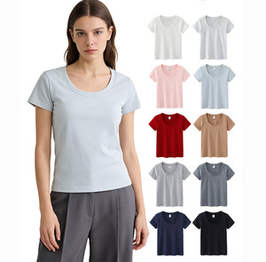T-shirt court à col U pour femme, 92% coton, 8% élasthanne, avec logo brodé personnalisé, t-shirt court extensible à col rond pour femme - Product Image 1